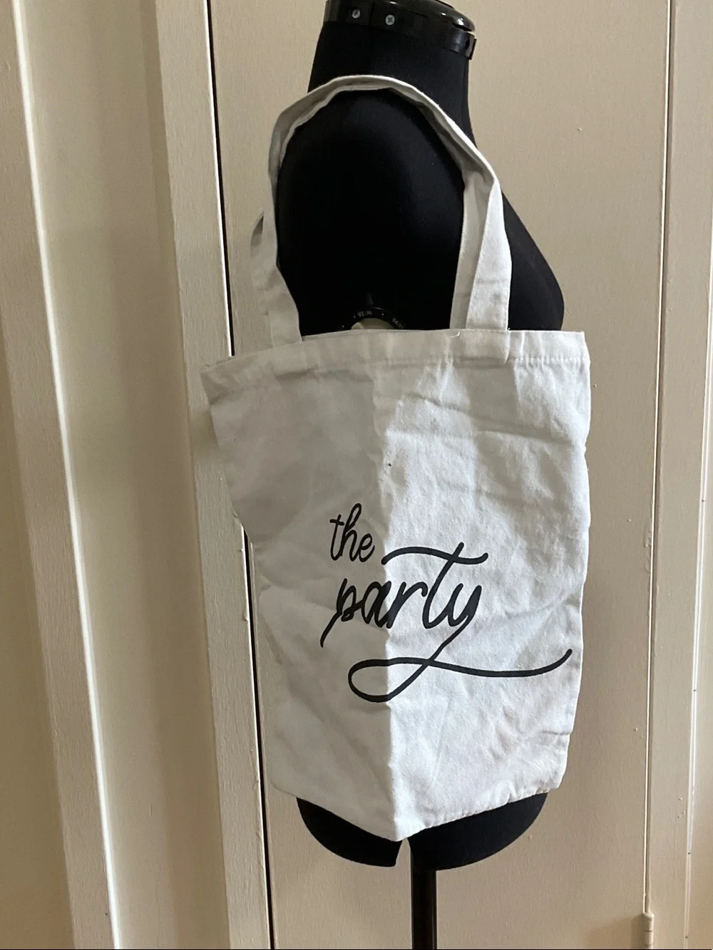 Reusable White Canvas Tote Bag with Black Script - The Party